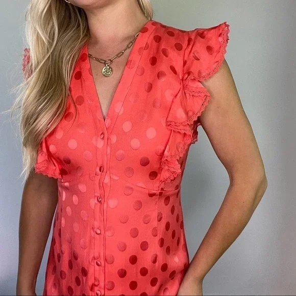 Three Floor Euphoric Coral Red Polka Dot Dress